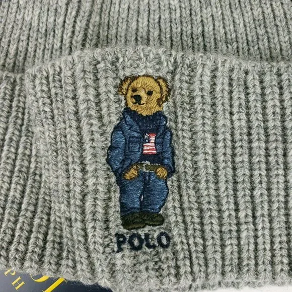 NWT Polo Ralph Lauren Polo Bear Knit Cuffed Bear Beanie US Flag Blue Outfit - Picture 2 of 6